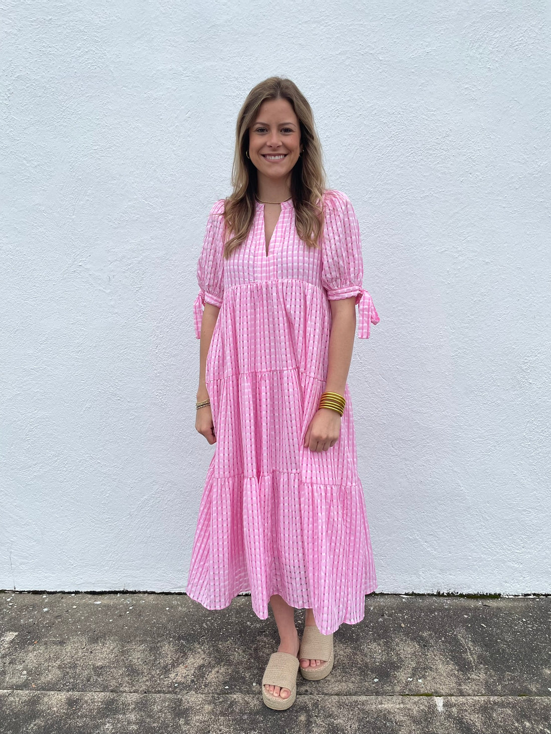 Pink Gingham Tiered Dress with Bow- Tie Sleeves