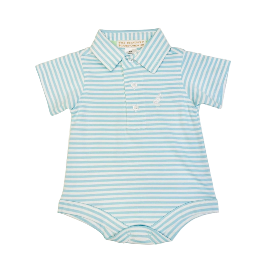 Beaufort Bonnet Prim and Proper Polo Onesie - Brookline Blue Stripe/Worth Ave White