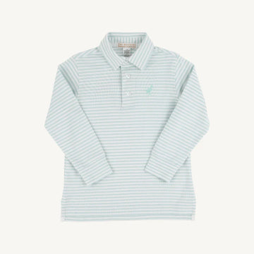 Beaufort Bonnet Long Sleeve Prim and Proper Polo - Old Greenwich Green Stripe with Old Greenwich Green Stork