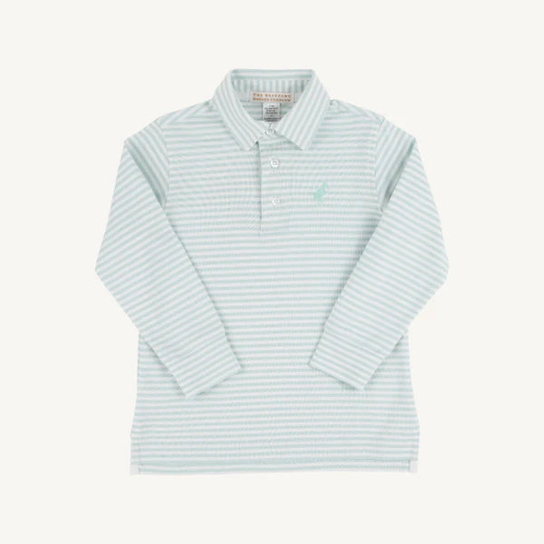 Beaufort Bonnet Long Sleeve Prim and Proper Polo - Old Greenwich Green Stripe with Old Greenwich Green Stork