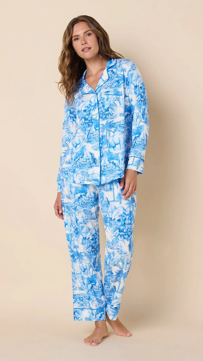 Palm Grove Toile Pima Knit Long-Sleeved Pajama - Blue
