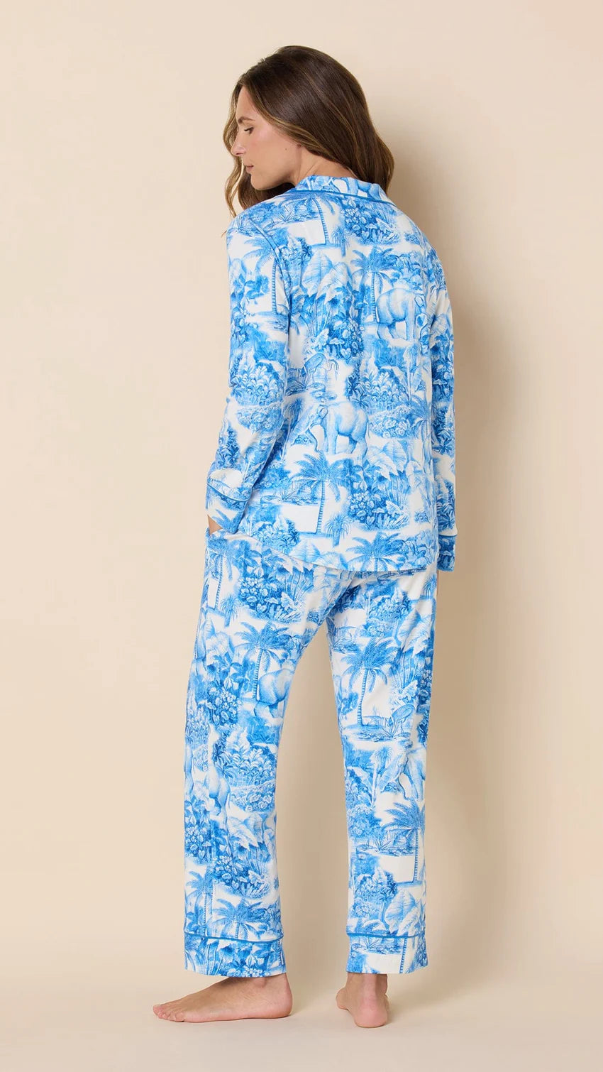 Palm Grove Toile Pima Knit Long-Sleeved Pajama - Blue