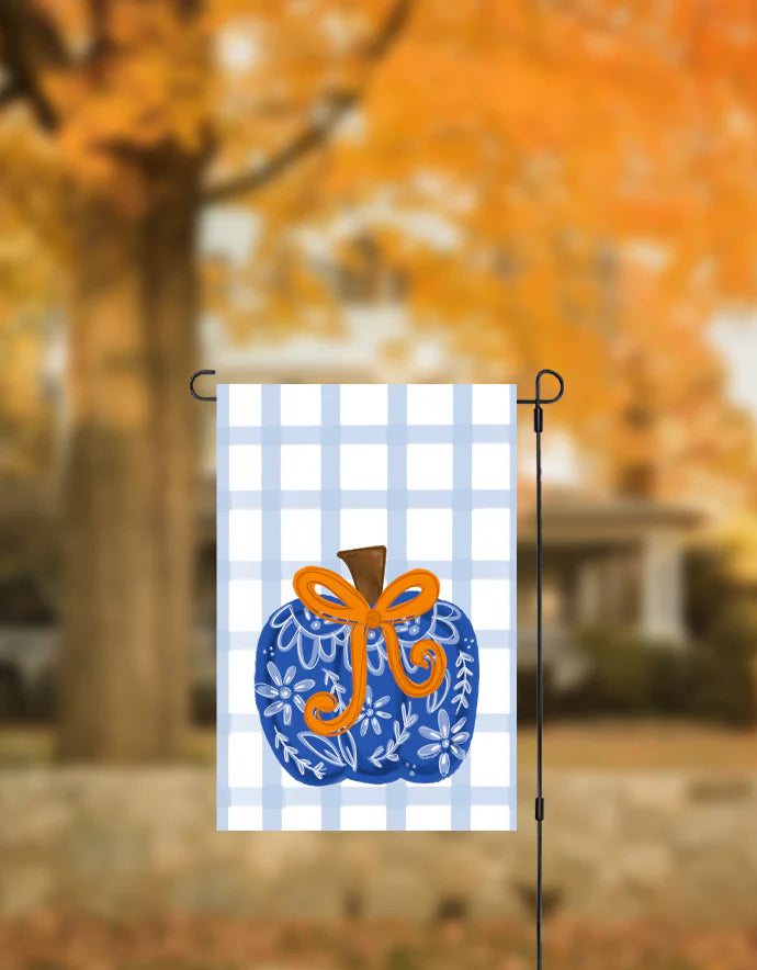 Doodles by Rebekah Blue Chin Bow Pumpkin Garden Flag