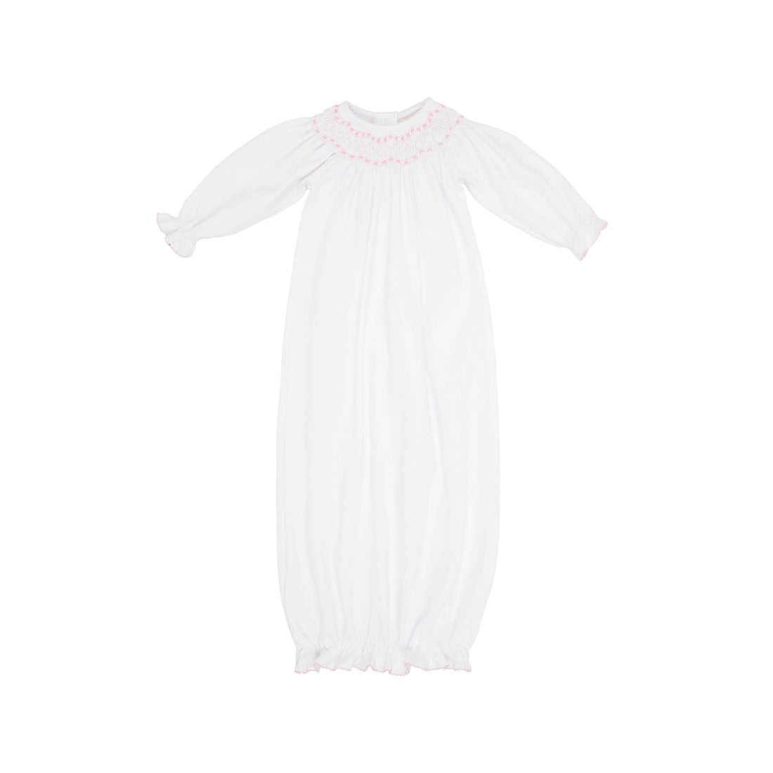Beaufort Bonnet Sweetly Smocked Greeting Gown- Worth Avenue White With Palm Beach Pink