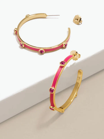 Enamel Hoop Earring with Crystals - Hot Pink