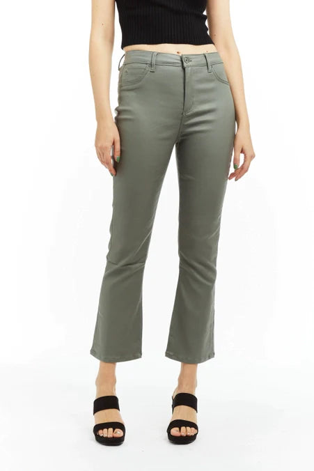 Tractr Jeans High Rise Coated Ankle Crop Flare- Sage