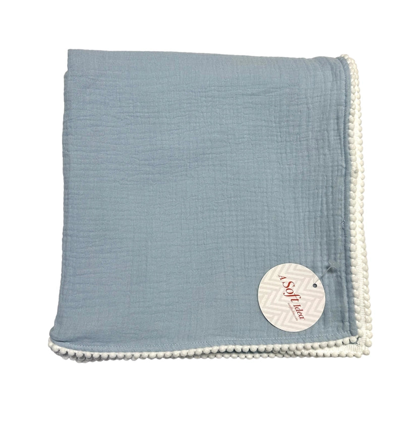 Swaddle Baby Blanket with PomPom Edge - Blue