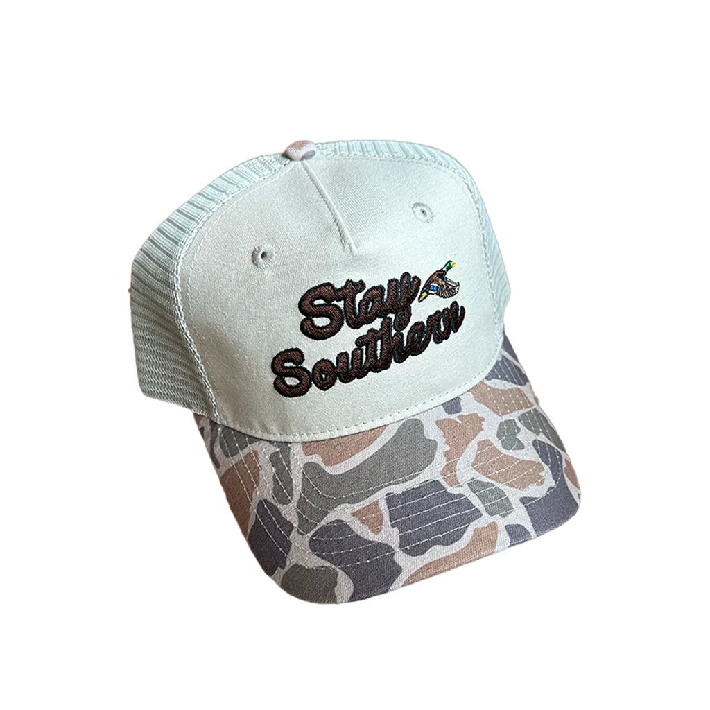 Peach State Pride Stay Southern Old School 5 Panel Cotton Cap - Camo & Khaki