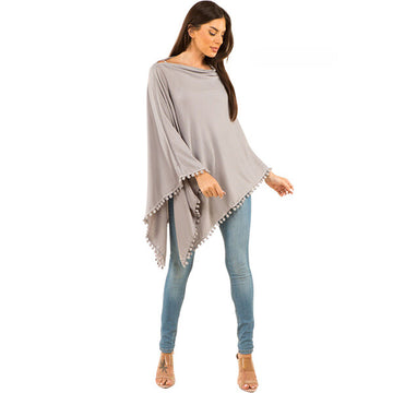 Faux Cashmere Pompom Poncho- Grey