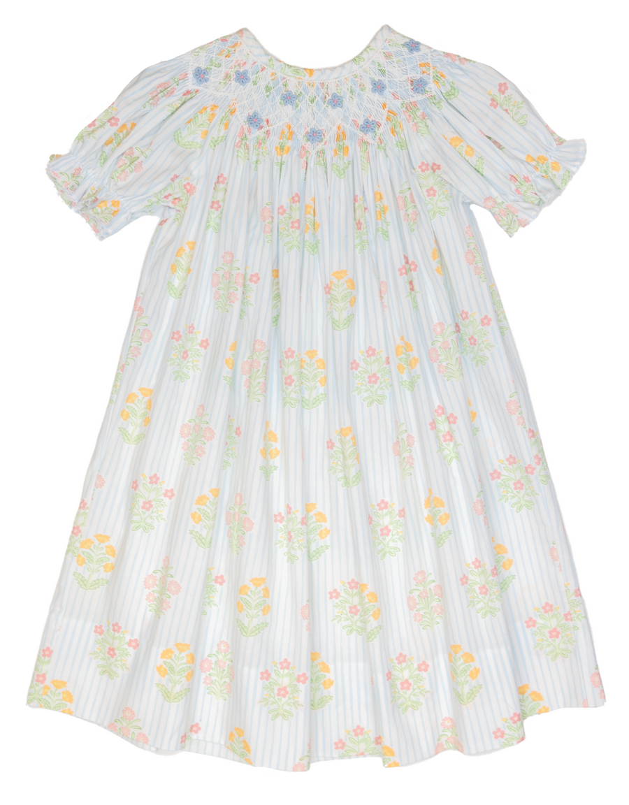 Delaney Blue Stripe Floral Bishop Dress