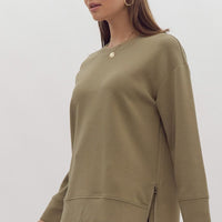 Entro Olive Crew Neck With Zipper Side Detail