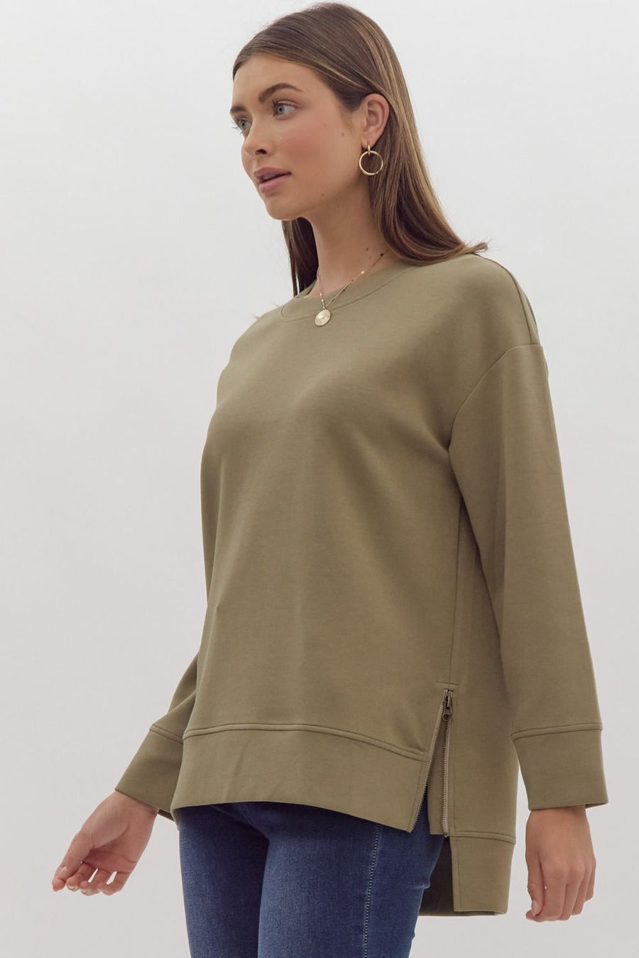 Entro Olive Crew Neck With Zipper Side Detail