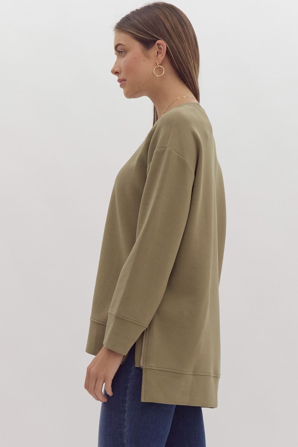 Entro Olive Crew Neck With Zipper Side Detail