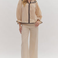 Entro Beige Blouse With Black Rick Rac Trim