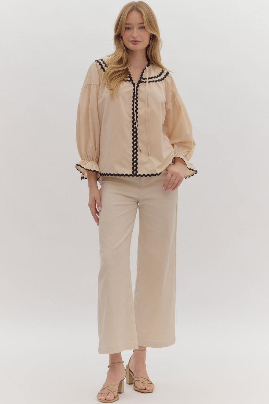 Entro Beige Blouse With Black Rick Rac Trim