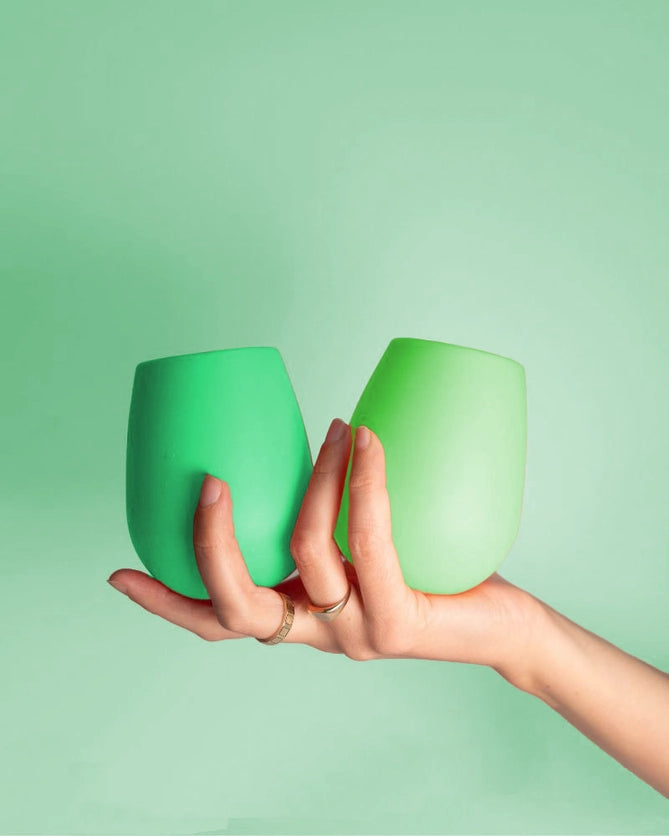 Porter Green Silicone Stemless Wine Glasses - Gerbera + Leaf