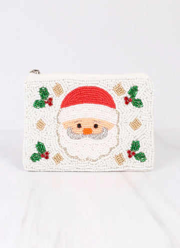 Holly Jolly Santa Beaded Pouch-White