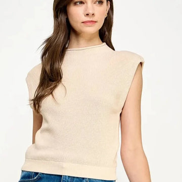 Ellison Mock Neck Power Shoulder Top - Cream