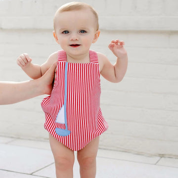 Beaufort Bonnet Stillman Sunsuit- Richmond Red Stripe With Sailboat Applique