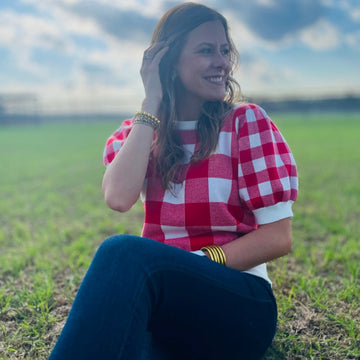 Gingham Puff Sleeve Knit Top